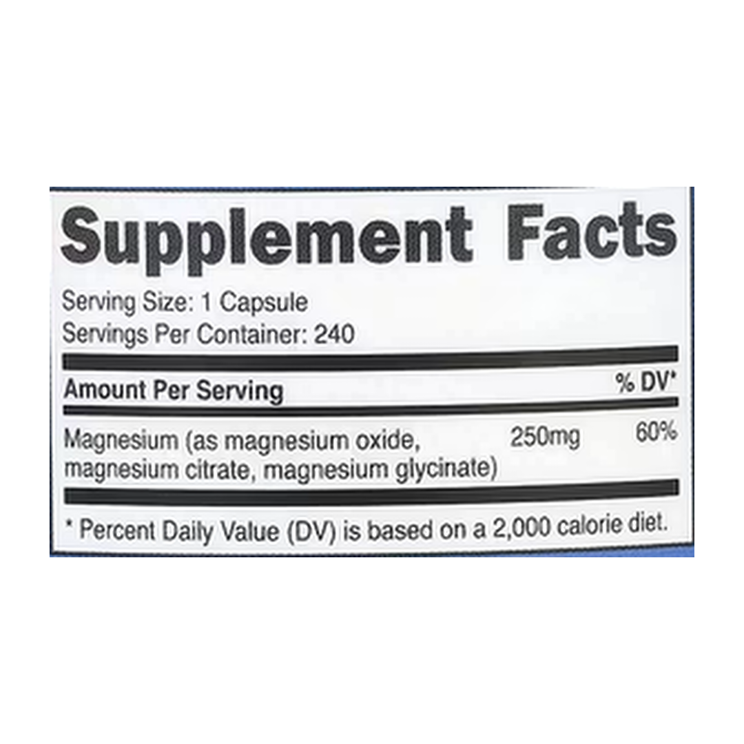 Nutricost, Magnesium Complex, Regular-Strength, 250 mg, 240 Capsules supplement facts label showing ingredients, vitamins, minerals, and serving information