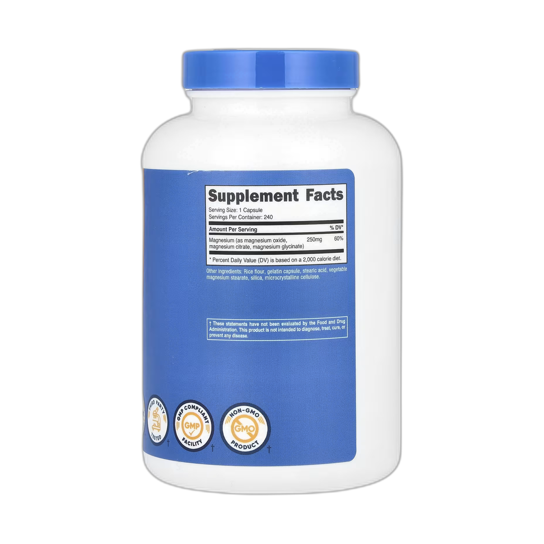 Nutricost, Magnesium Complex, Regular-Strength, 250 mg, 240 Capsules back packaging view