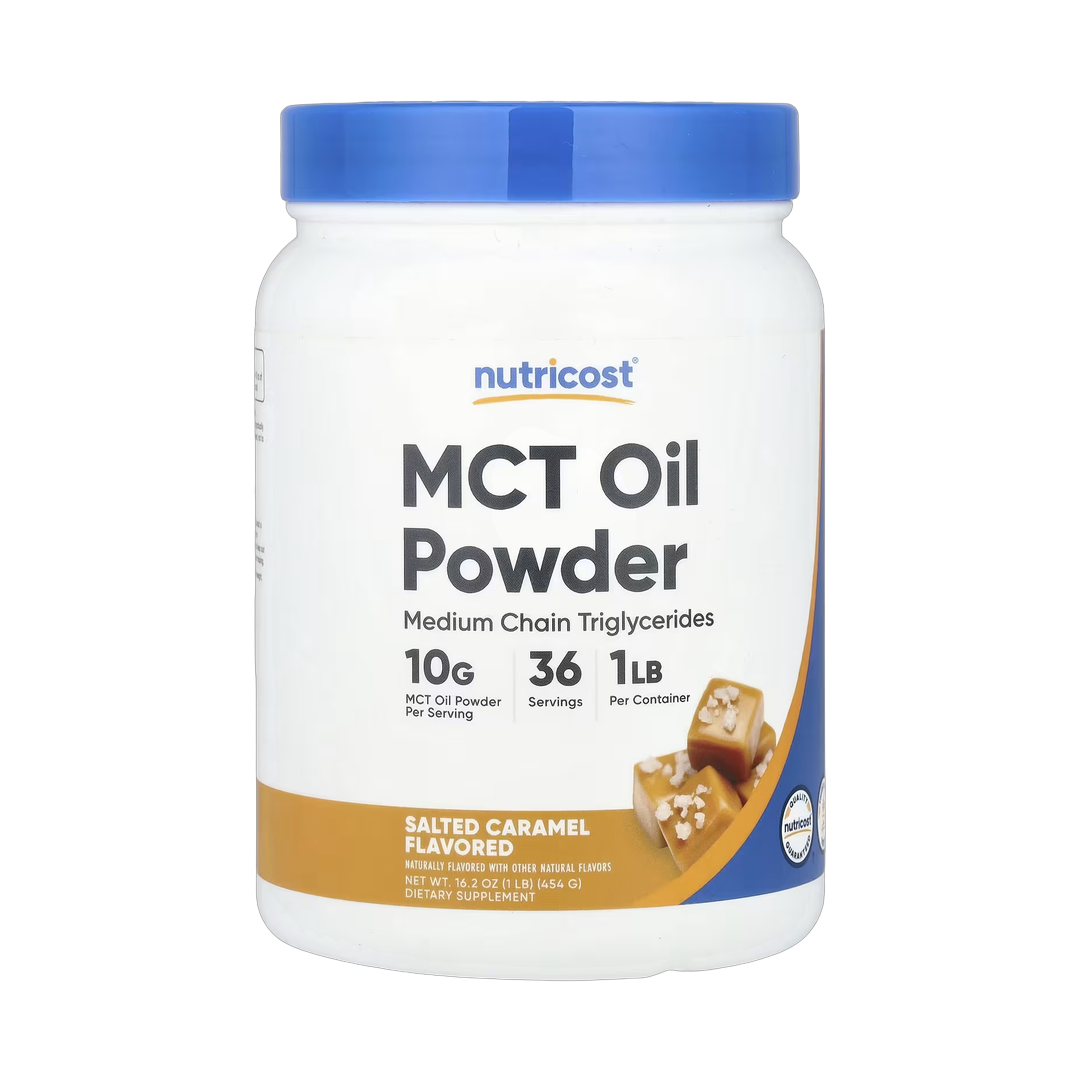 Nutricost, MCT Oil Powder, Salted Caramel , 1 lb, 454 g front packaging view