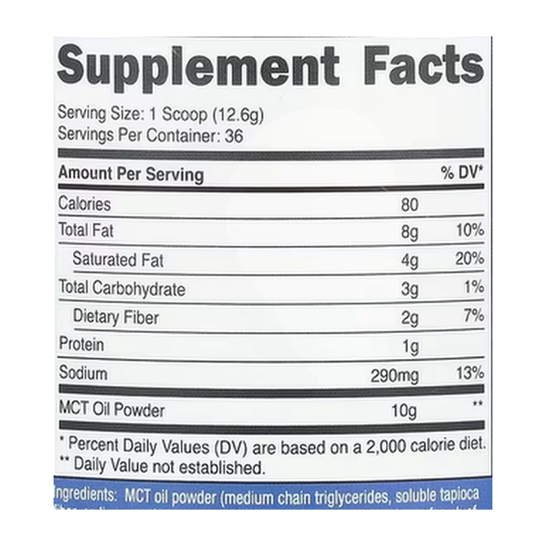 Nutricost, MCT Oil Powder, Salted Caramel , 1 lb, 454 g supplement facts label showing ingredients, vitamins, minerals, and serving information