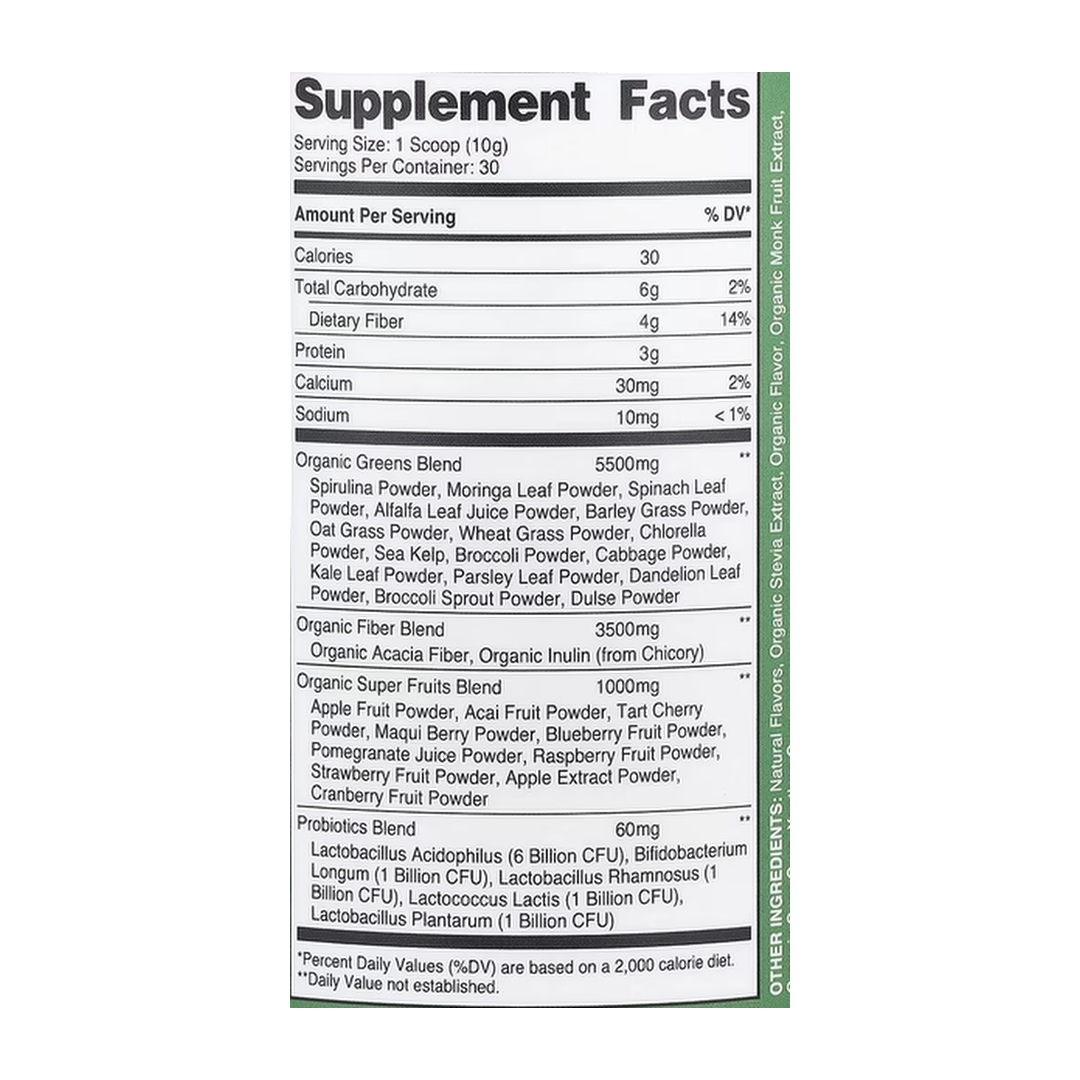 Nutricost, Organic Super Greens, Unflavored, 11 oz, 309 g supplement facts label showing ingredients, vitamins, minerals, and serving information