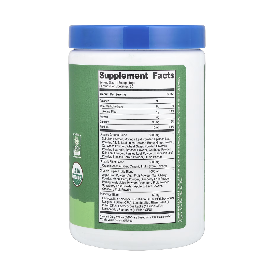 Nutricost, Organic Super Greens, Unflavored, 11 oz, 309 g back packaging view