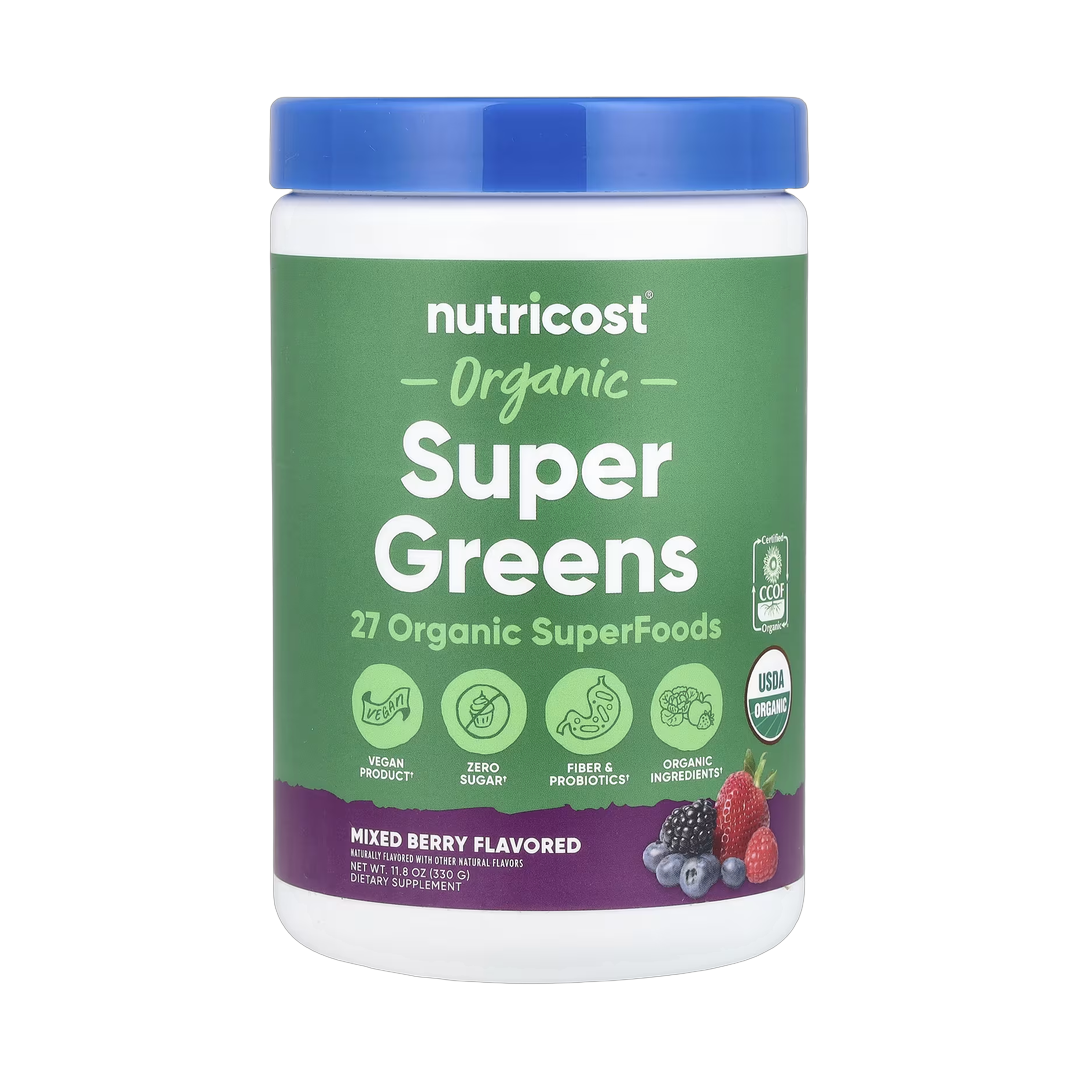 Nutricost, Organic Super Greens, Mixed Berry, 11.8 oz, 330 g front packaging view