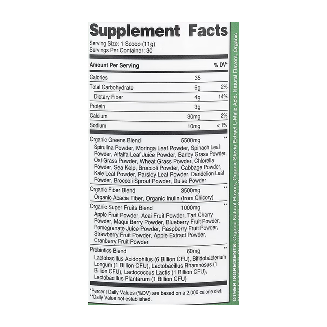 Nutricost, Organic Super Greens, Mixed Berry, 11.8 oz, 330 g supplement facts label showing ingredients, vitamins, minerals, and serving information