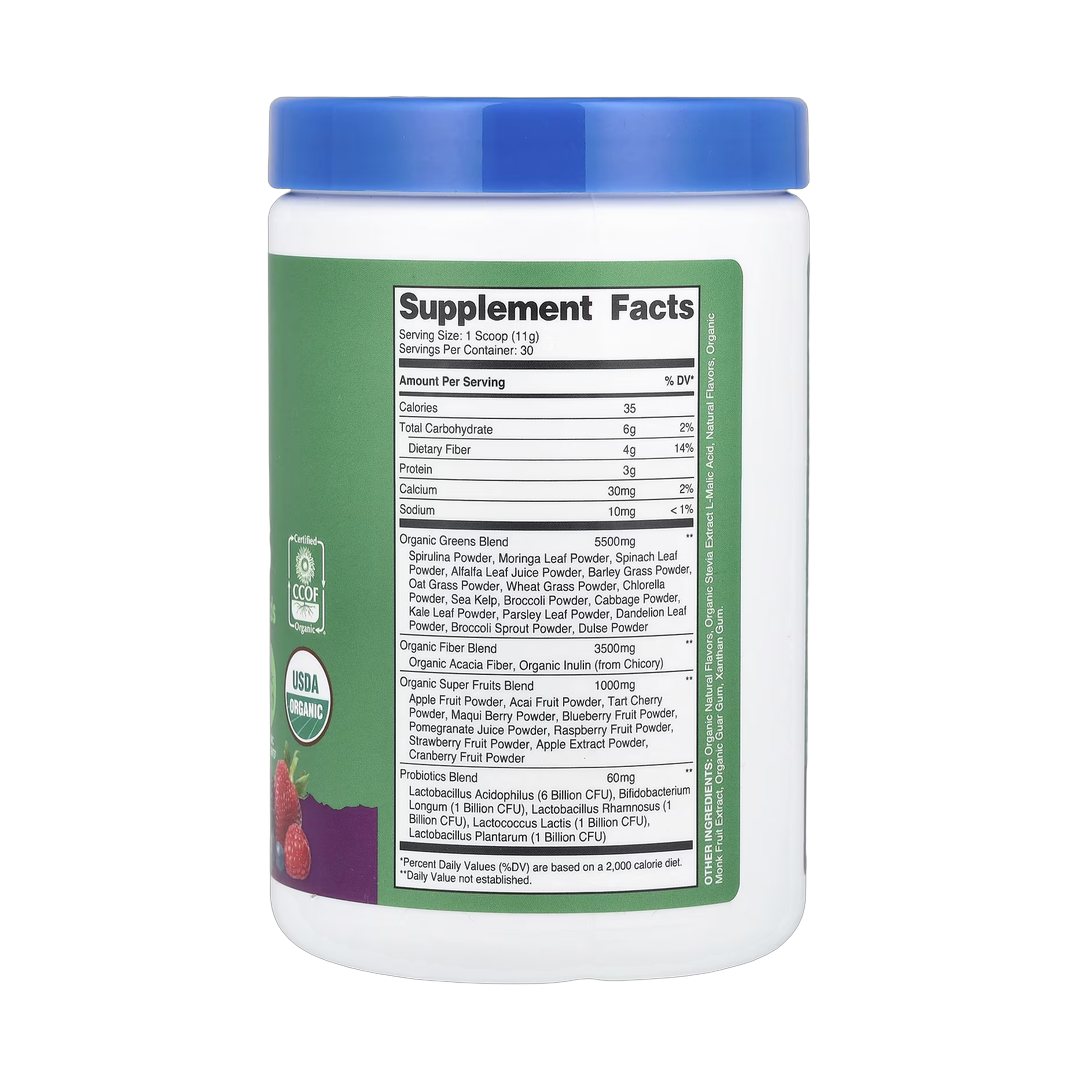 Nutricost, Organic Super Greens, Mixed Berry, 11.8 oz, 330 g back packaging view
