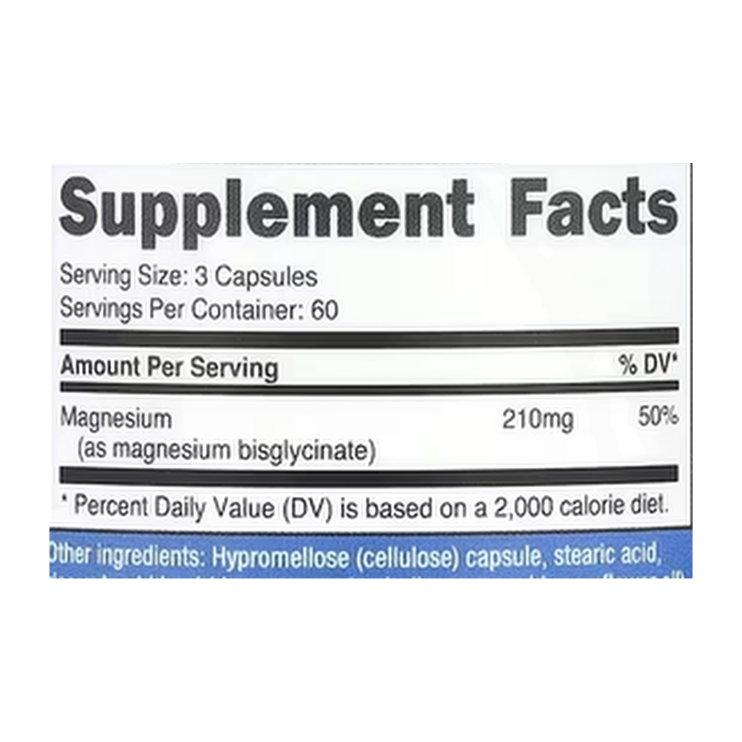 Nutricost, Magnesium Glycinate, 180 Capsules supplement facts label showing ingredients, vitamins, minerals, and serving information