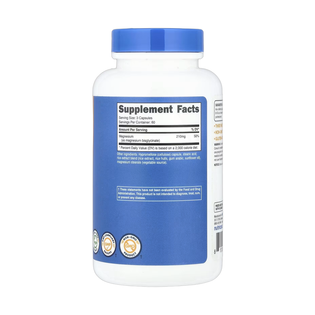Nutricost, Magnesium Glycinate, 180 Capsules back packaging view