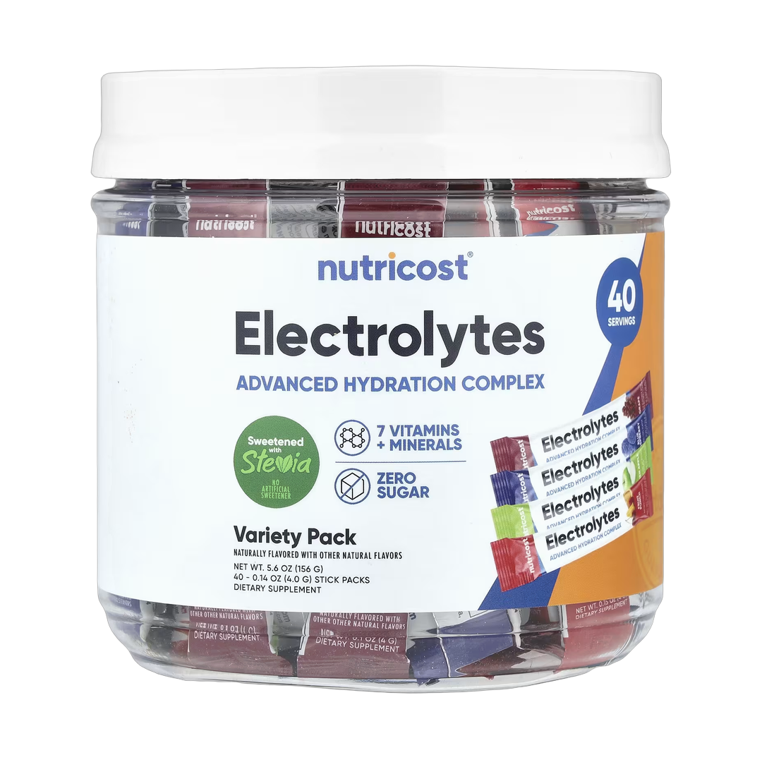 Nutricost, Electrolytes, Advanced Hydration Complex, Variety Pack, 40 Stick Packs, 0.14 oz, (4 g ) Each front packaging view