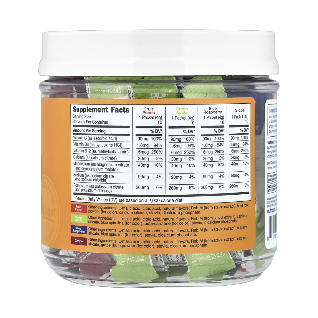 Nutricost, Electrolytes, Advanced Hydration Complex, Variety Pack, 40 Stick Packs, 0.14 oz, (4 g ) Each back packaging view