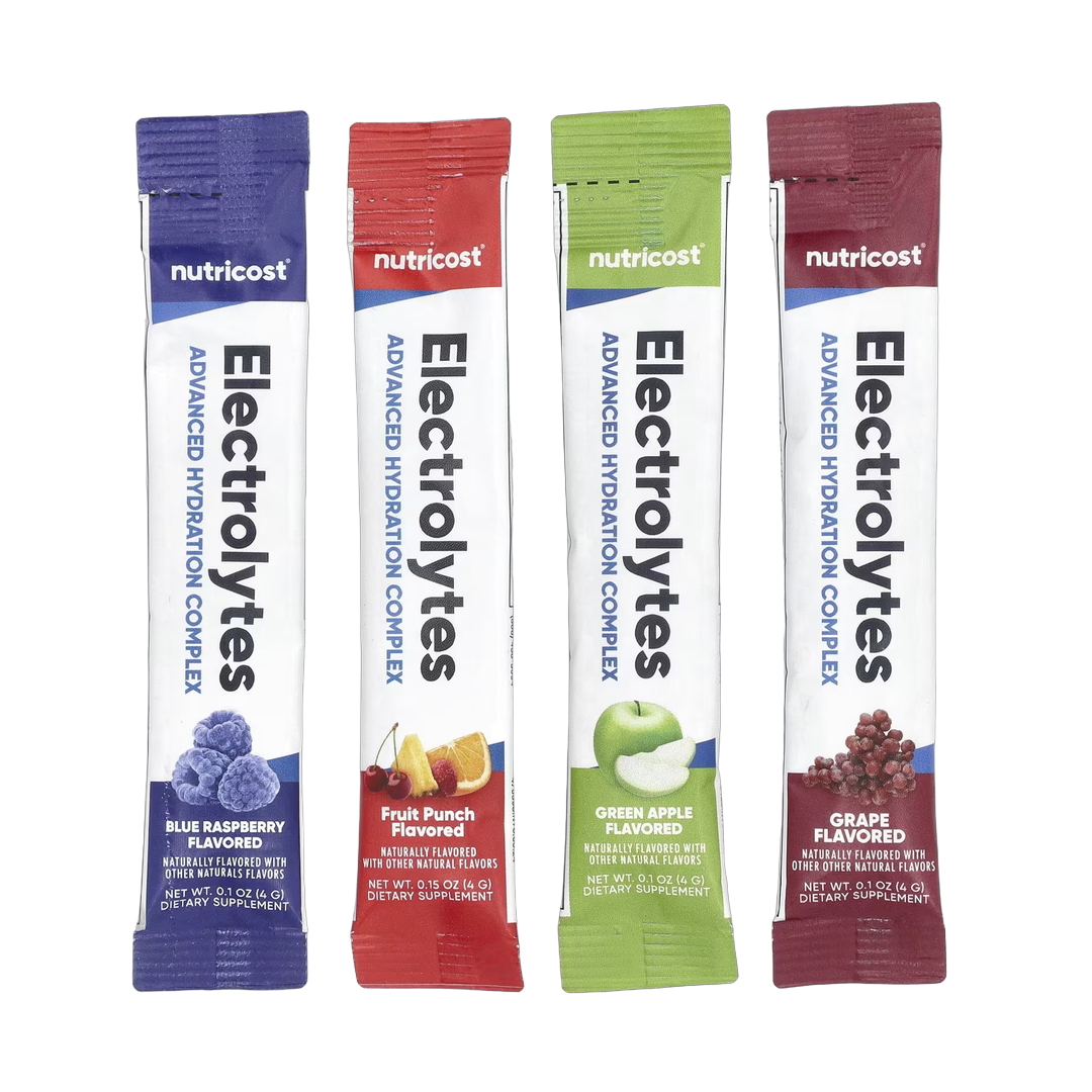Nutricost, Electrolytes, Advanced Hydration Complex, Variety Pack, 40 Stick Packs, 0.14 oz, (4 g ) Each packaging side view