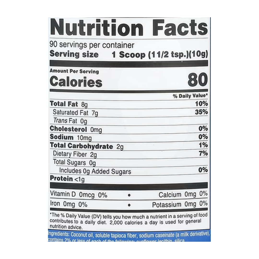 Nutricost, Coconut Oil Powder, Unflavored , 2 lb, 907 g supplement facts label showing ingredients, vitamins, minerals, and serving information