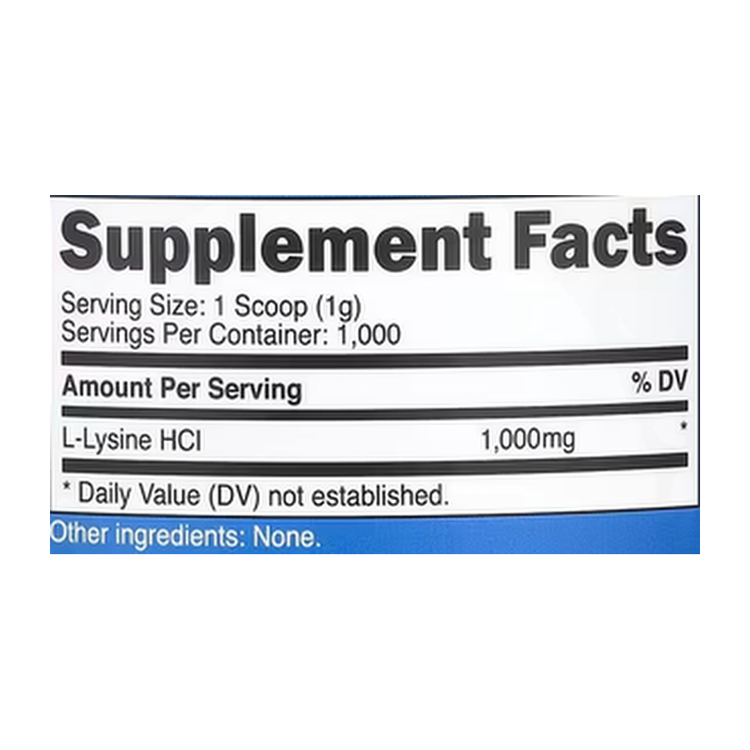Nutricost, L-Lysine, Unflavored, 35.7 oz, 1 kg supplement facts label showing ingredients, vitamins, minerals, and serving information