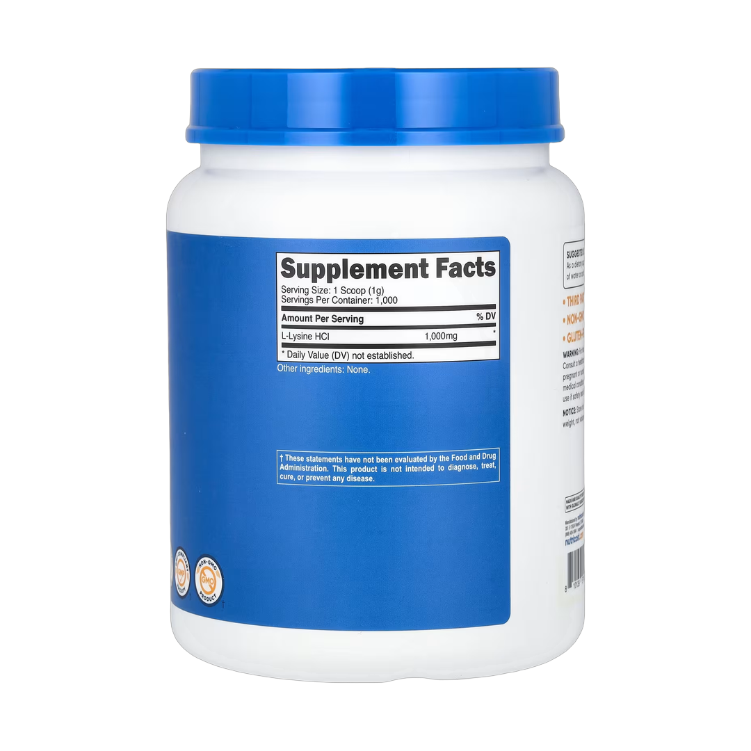 Nutricost, L-Lysine, Unflavored, 35.7 oz, 1 kg back packaging view