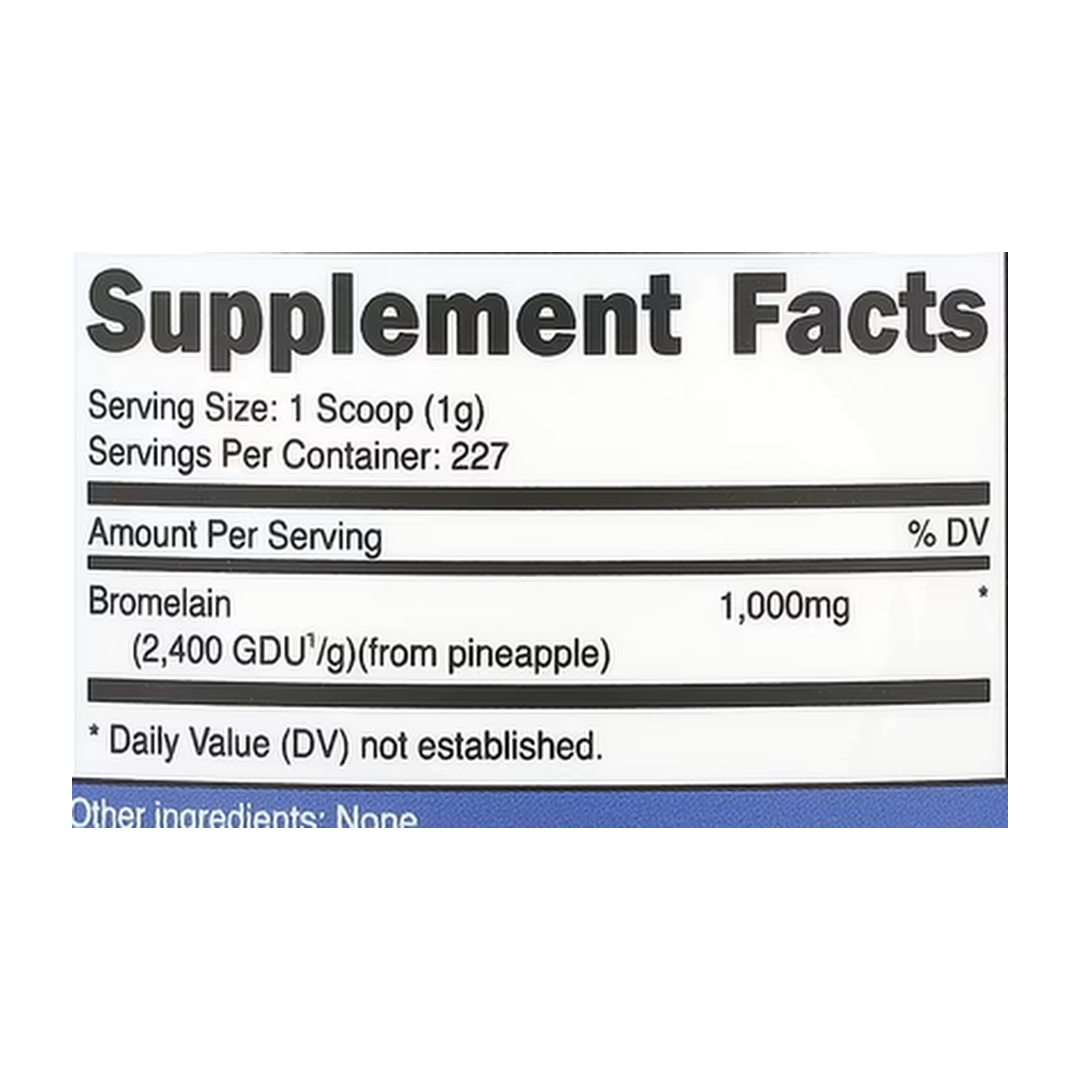 Nutricost, Bromelain, Unflavored, 8.1 oz, 227 g supplement facts label showing ingredients, vitamins, minerals, and serving information