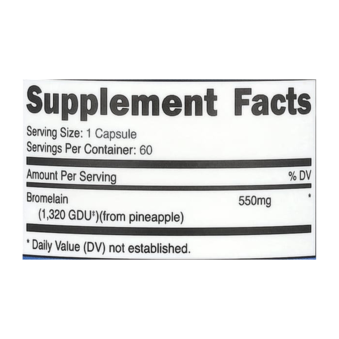 Nutricost, Bromelain, 550 mg , 60 Capsules supplement facts label showing ingredients, vitamins, minerals, and serving information