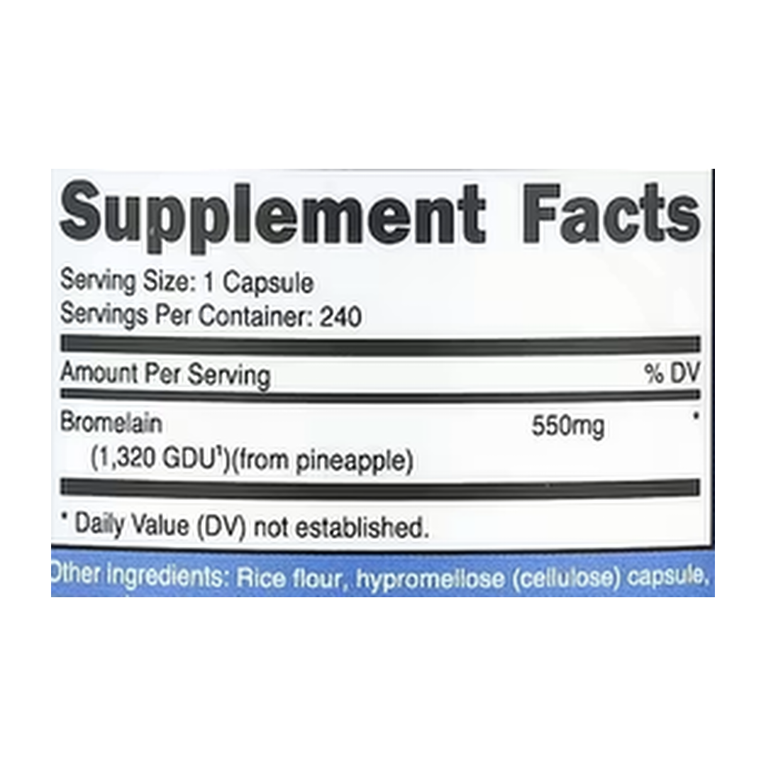 Nutricost, Bromelain, 550 mg, 240 Capsules supplement facts label showing ingredients, vitamins, minerals, and serving information