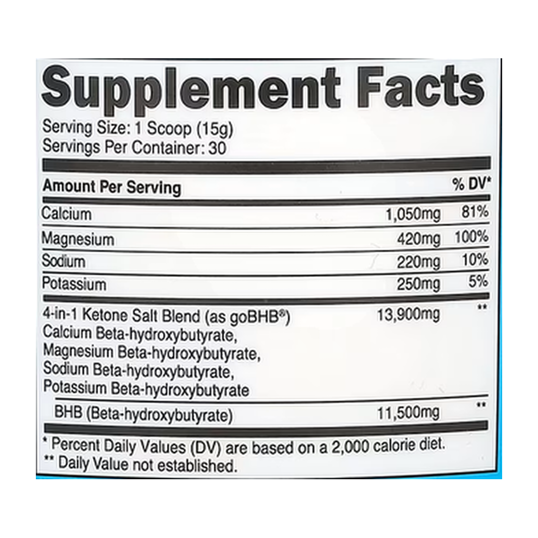 Nutricost, BHB Salts, goBHB®, Unflavored, 0.97 lb, 442 g supplement facts label showing ingredients, vitamins, minerals, and serving information