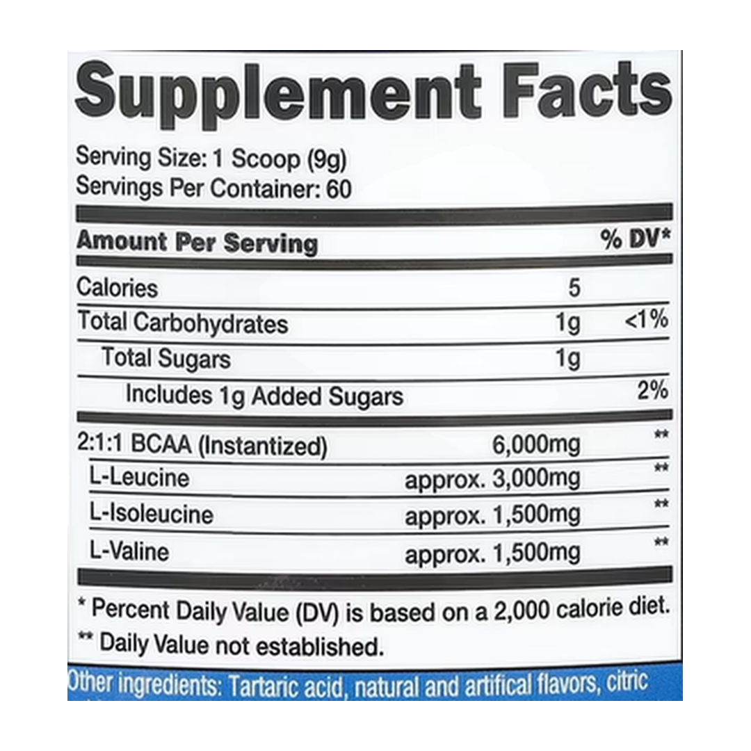 Nutricost, Performance, BCAA, Watermelon, 1.2 lb, 540 g supplement facts label showing ingredients, vitamins, minerals, and serving information