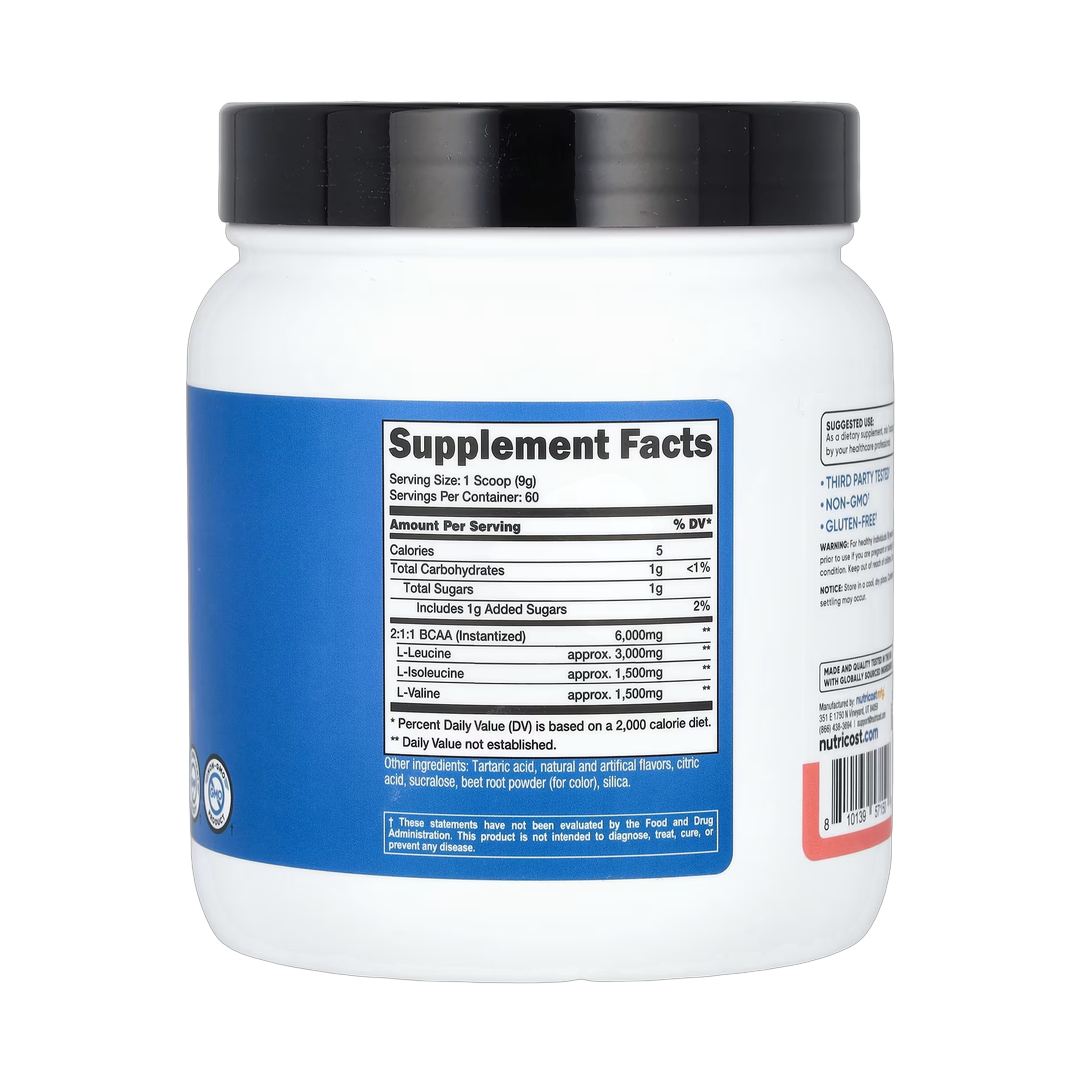 Nutricost, Performance, BCAA, Watermelon, 1.2 lb, 540 g back packaging view