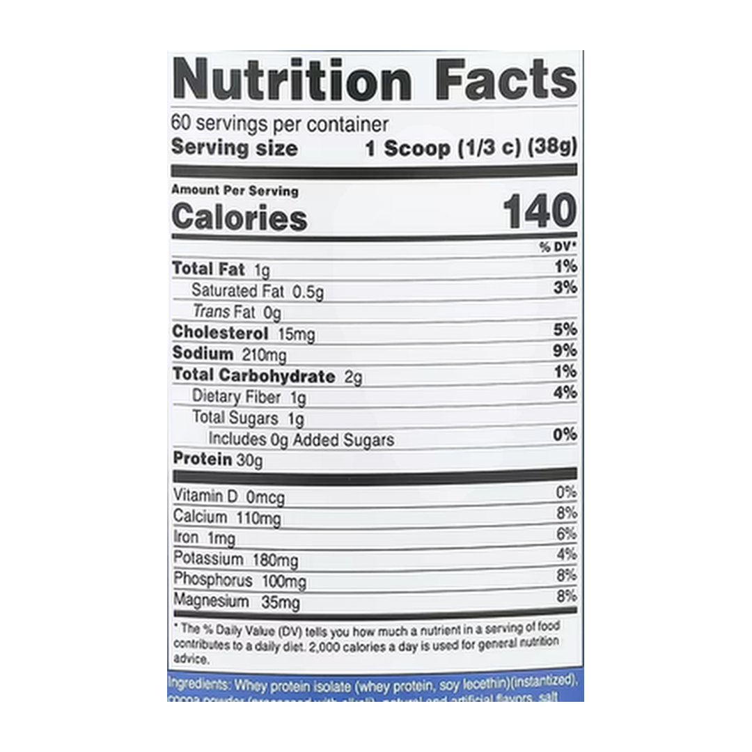 Nutricost, Whey Protein Isolate, Milk Chocolate , 5 lb, 2,268 g supplement facts label showing ingredients, vitamins, minerals, and serving information