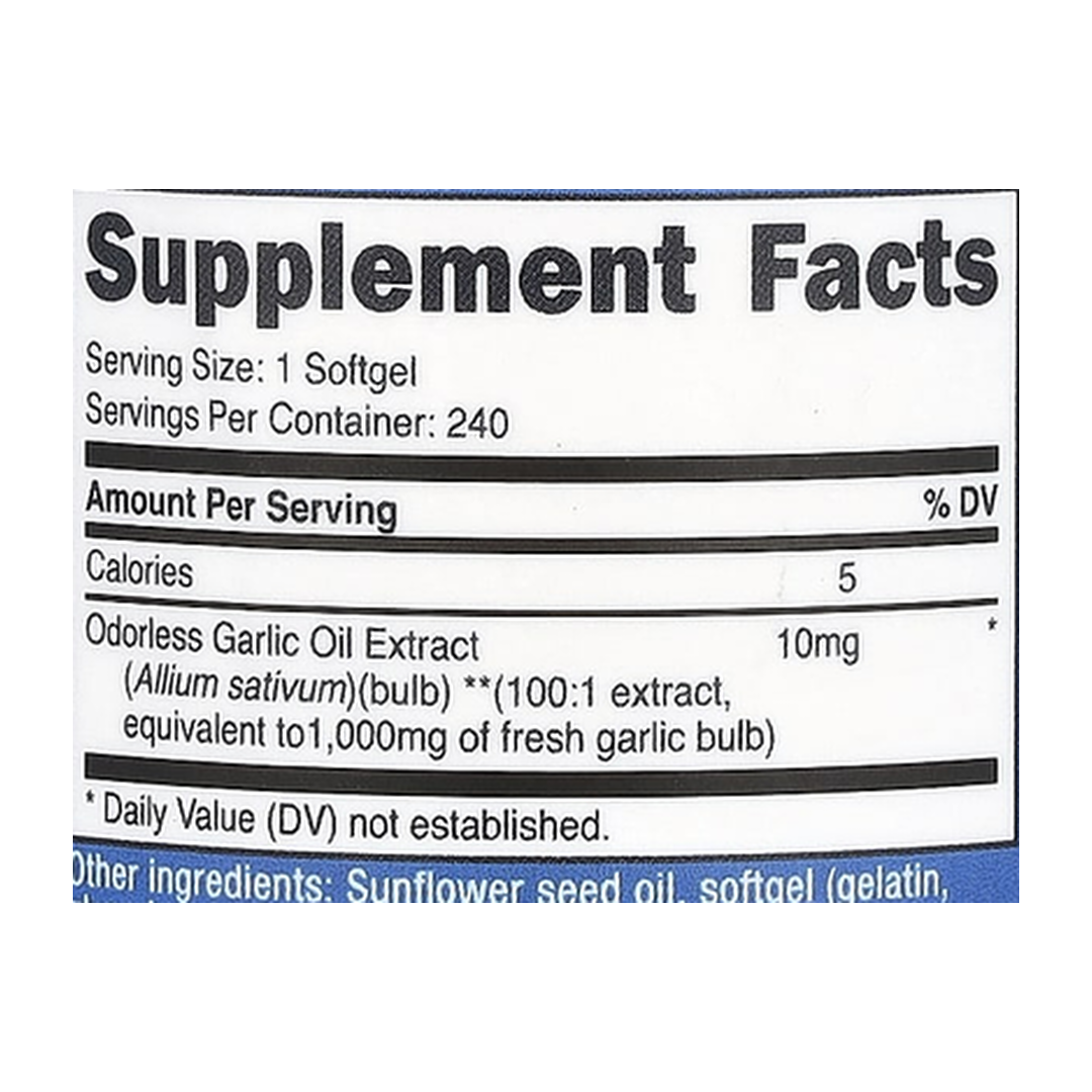 Nutricost, Garlic , 1,000 mg , 240 Softgels supplement facts label showing ingredients, vitamins, minerals, and serving information