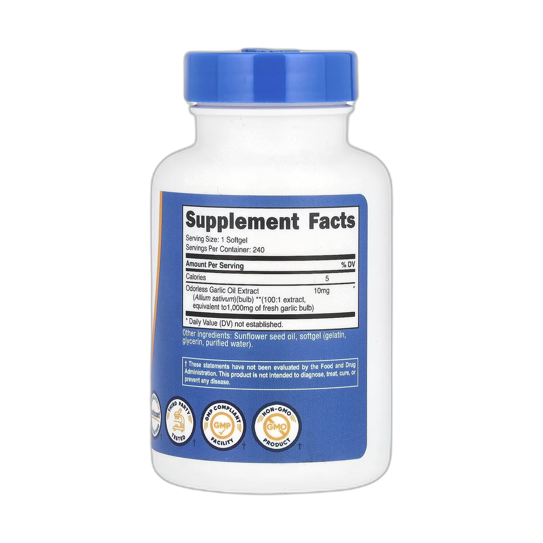 Nutricost, Garlic , 1,000 mg , 240 Softgels back packaging view