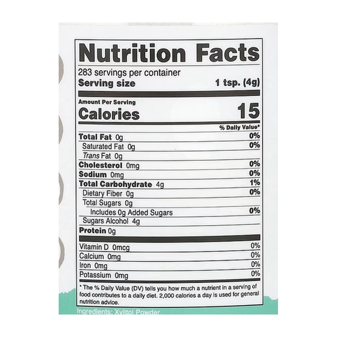 Nutricost, Pantry, Xylitol Powder, Plant-Based Sweetener, 2.5 lb, 1,134 g supplement facts label showing ingredients, vitamins, minerals, and serving information