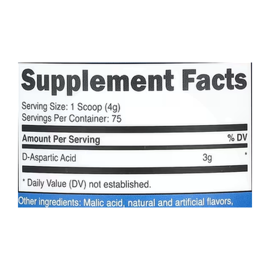 Nutricost, D-Aspartic Acid, Blue Raspberry, 10.7 oz, 300 g supplement facts label showing ingredients, vitamins, minerals, and serving information
