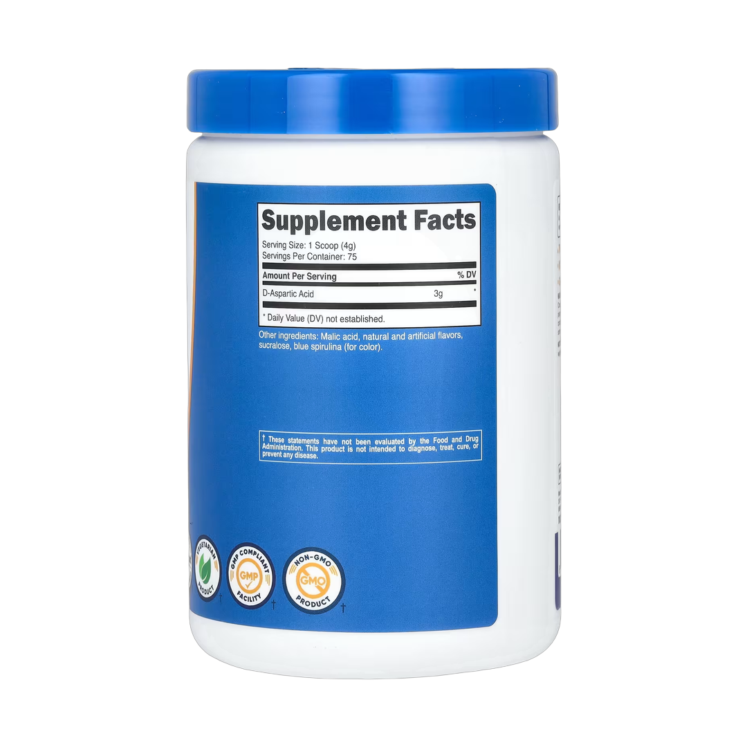 Nutricost, D-Aspartic Acid, Blue Raspberry, 10.7 oz, 300 g back packaging view