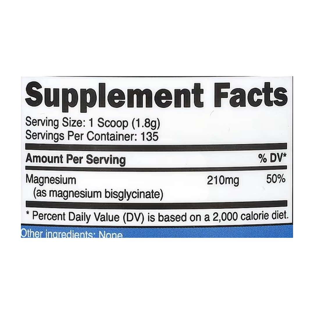 Nutricost, Magnesium Glycinate, Unflavored , 8.9 oz, 250 g supplement facts label showing ingredients, vitamins, minerals, and serving information