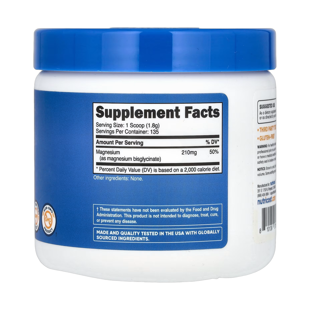 Nutricost, Magnesium Glycinate, Unflavored , 8.9 oz, 250 g back packaging view