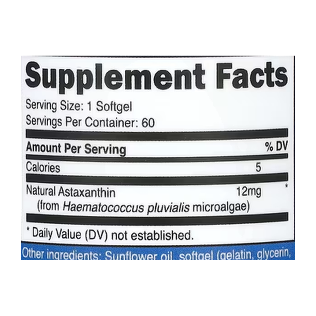 Nutricost, Astaxanthin, 12 mg, 60 Softgels supplement facts label showing ingredients, vitamins, minerals, and serving information