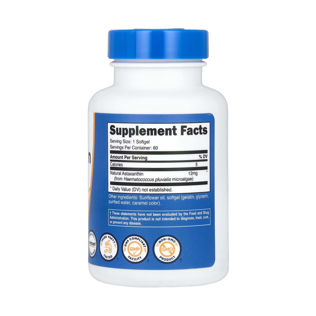 Nutricost, Astaxanthin, 12 mg, 60 Softgels back packaging view