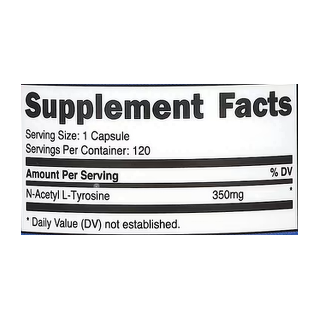 Nutricost, N-Acetyl L-Tyrosine, 350 mg, 120 Capsules supplement facts label showing ingredients, vitamins, minerals, and serving information