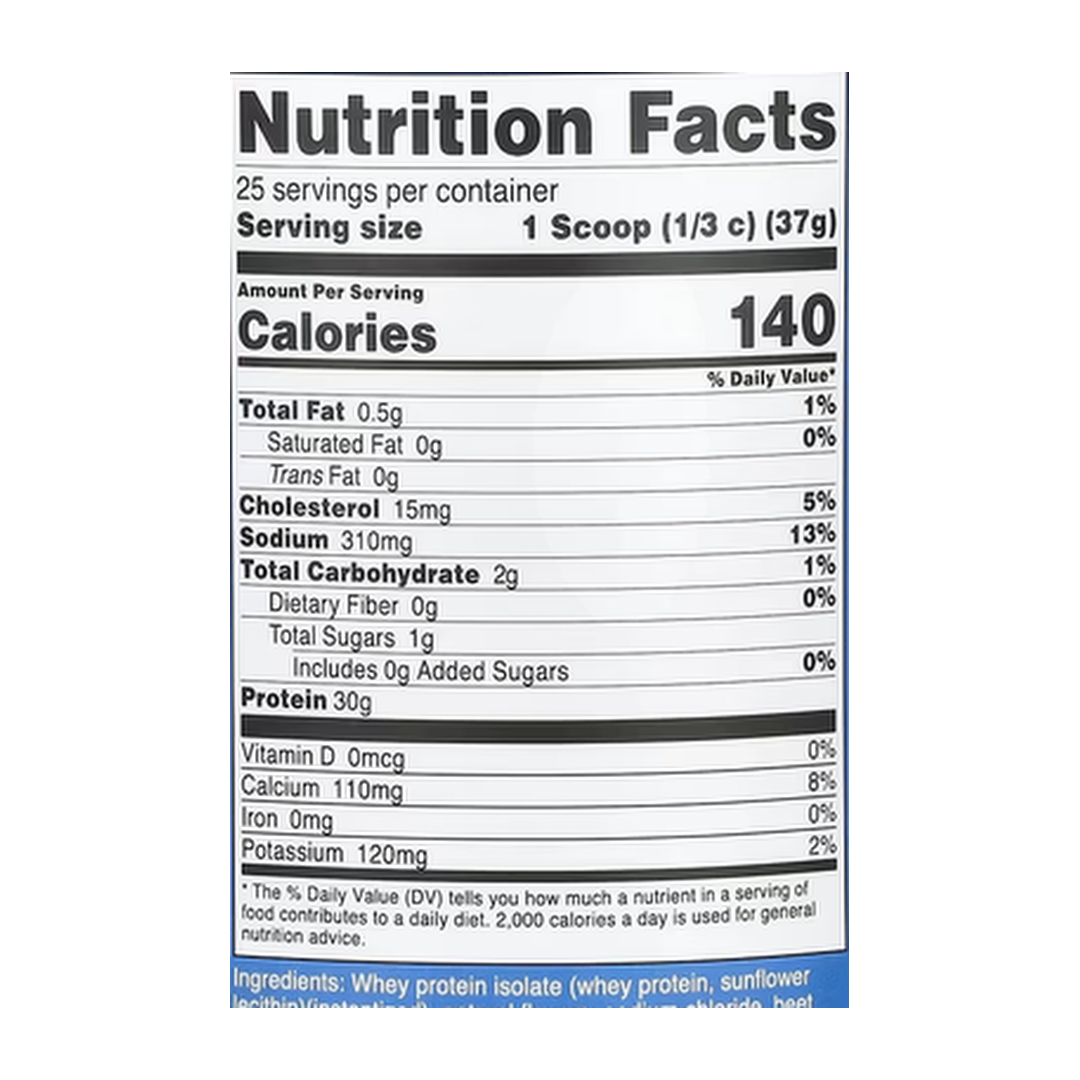 Nutricost, Whey Protein Isolate, Strawberry Milkshake, 2 lb, 907 g supplement facts label showing ingredients, vitamins, minerals, and serving information