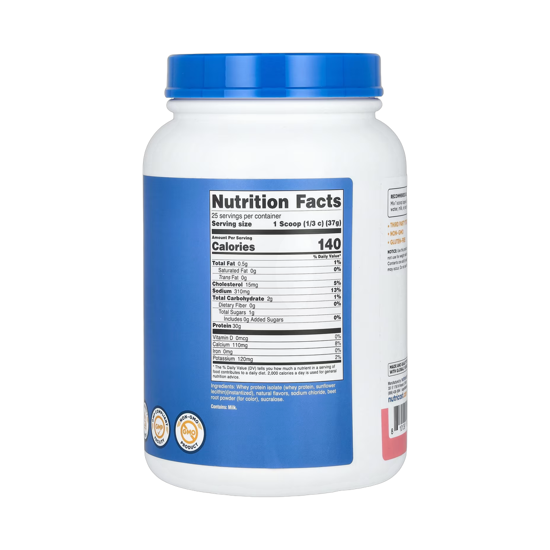 Nutricost, Whey Protein Isolate, Strawberry Milkshake, 2 lb, 907 g back packaging view