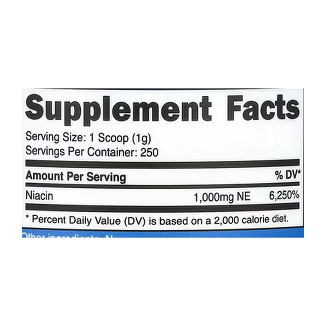 Nutricost, Niacin, Unflavored, 8.9 oz, 250 g supplement facts label showing ingredients, vitamins, minerals, and serving information