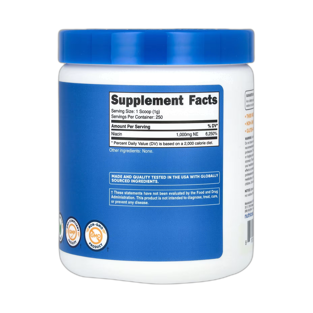Nutricost, Niacin, Unflavored, 8.9 oz, 250 g back packaging view