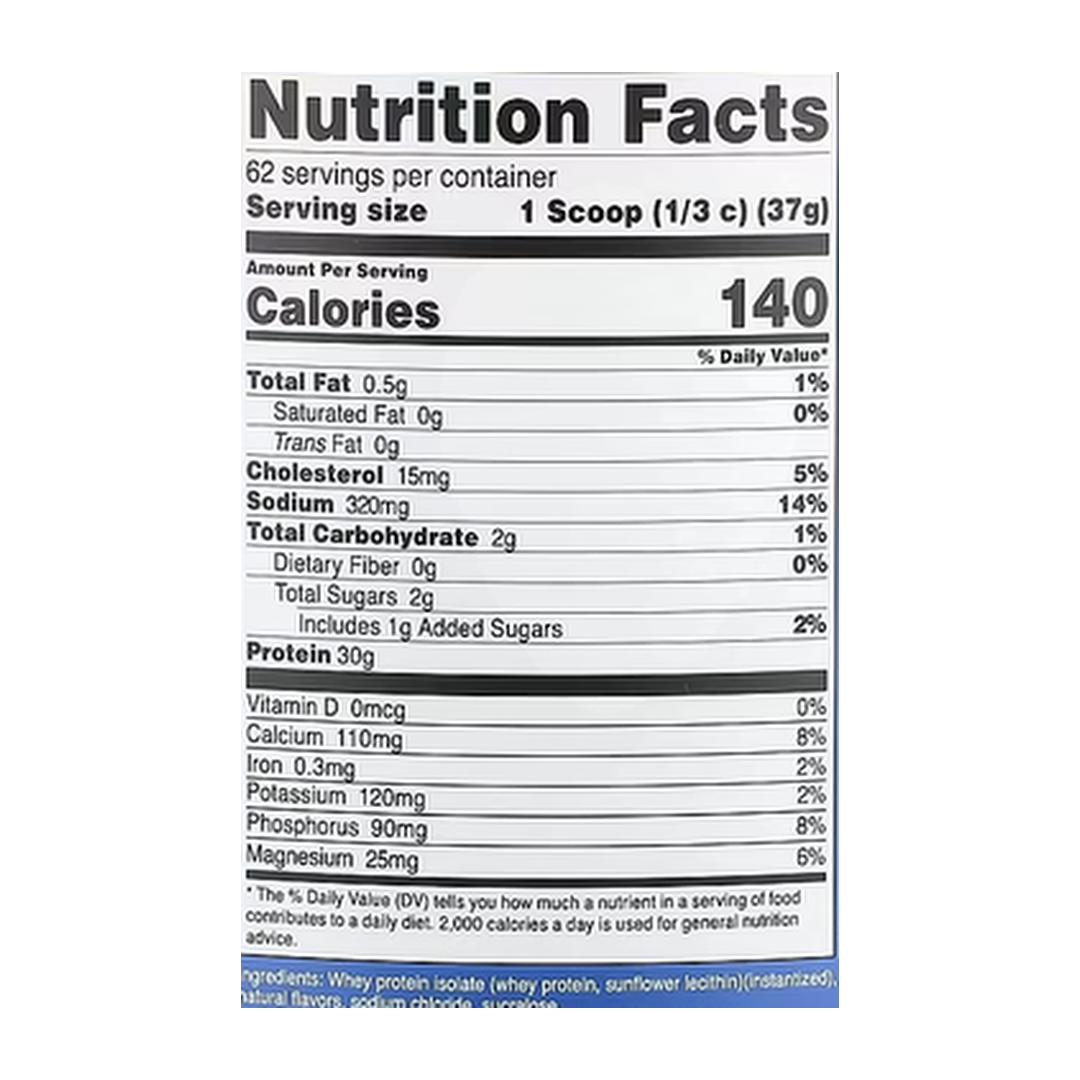 Nutricost, Whey Protein Isolate, Vanilla, 5 lbs, 2,268 g supplement facts label showing ingredients, vitamins, minerals, and serving information