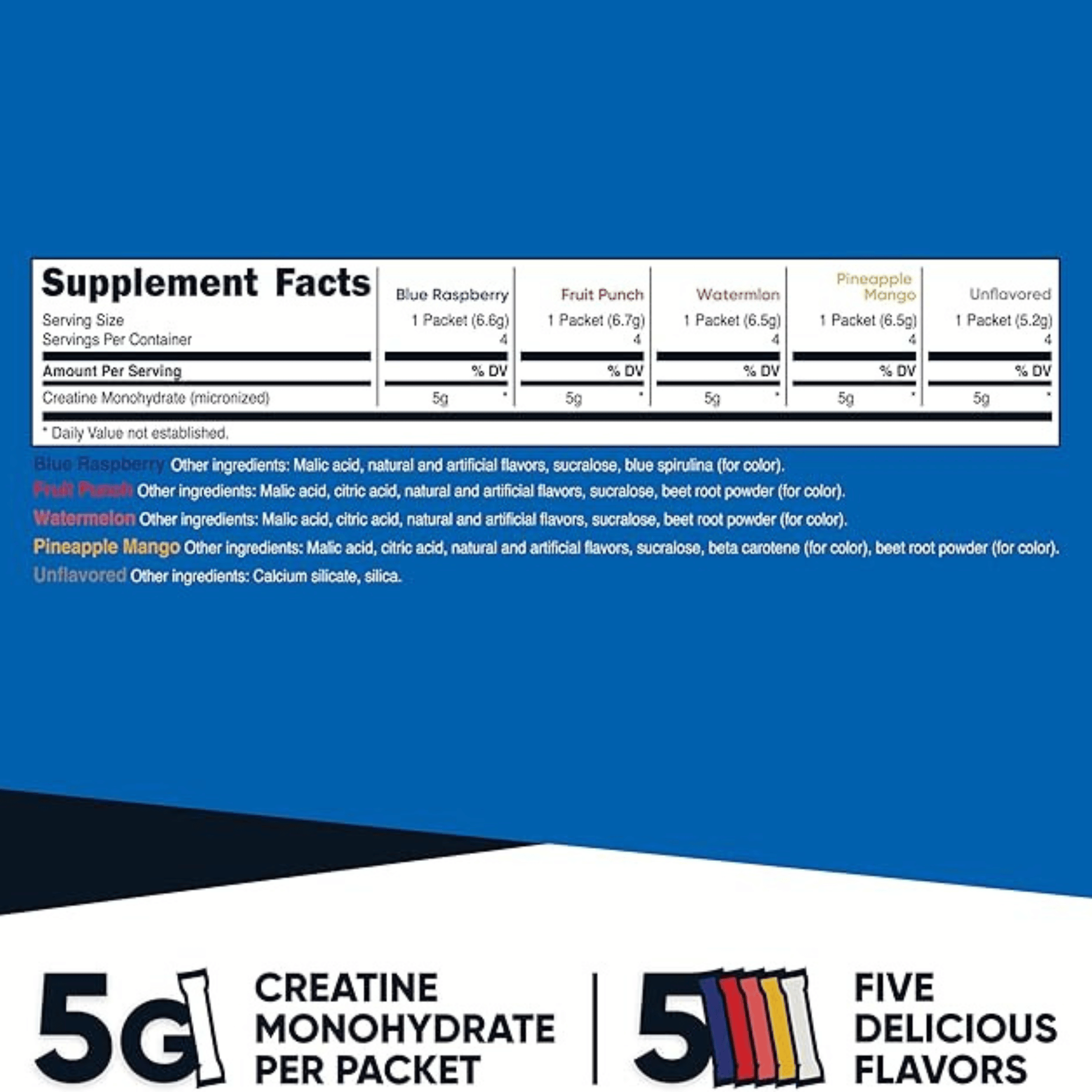 Nutricost, Performance, Creatine Monohydrate, Variety Pack, 20 Stick Packs, 0.2 oz (5.2- 6.7 g) Each supplement facts label showing ingredients, vitamins, minerals, and serving information