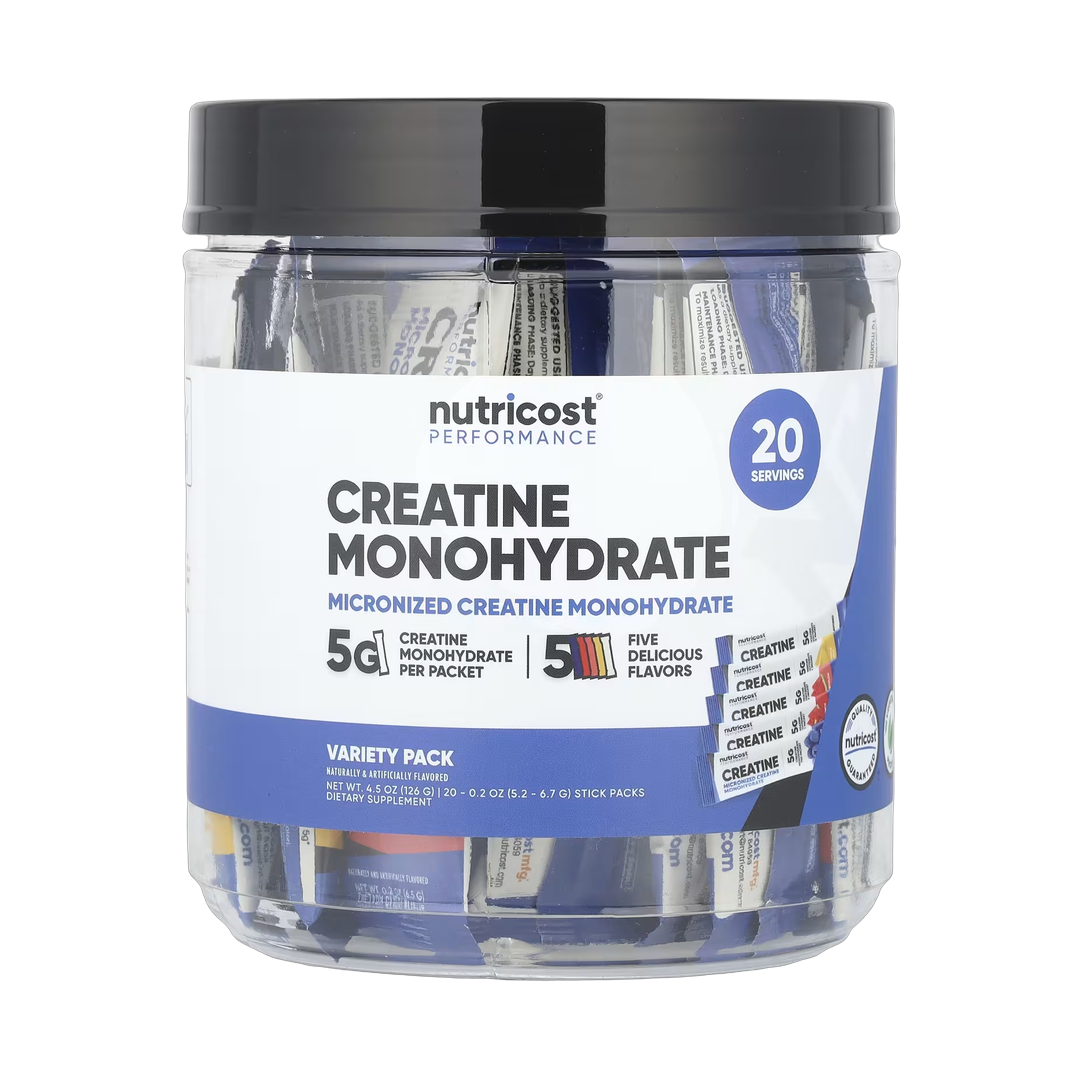 Nutricost, Performance, Creatine Monohydrate, Variety Pack, 20 Stick Packs, 0.2 oz (5.2- 6.7 g) Each front packaging view
