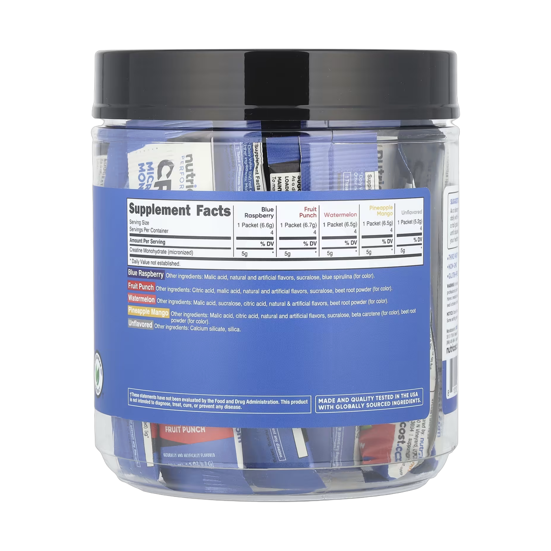 Nutricost, Performance, Creatine Monohydrate, Variety Pack, 20 Stick Packs, 0.2 oz (5.2- 6.7 g) Each back packaging view