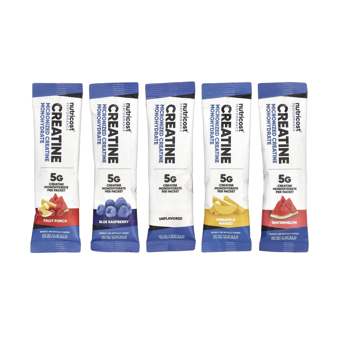 Nutricost, Performance, Creatine Monohydrate, Variety Pack, 20 Stick Packs, 0.2 oz (5.2- 6.7 g) Each packaging side view