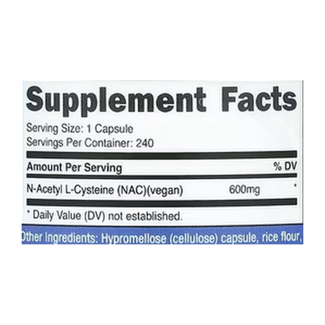 Nutricost, NAC, 600 mg, 240 Capsules supplement facts label showing ingredients, vitamins, minerals, and serving information