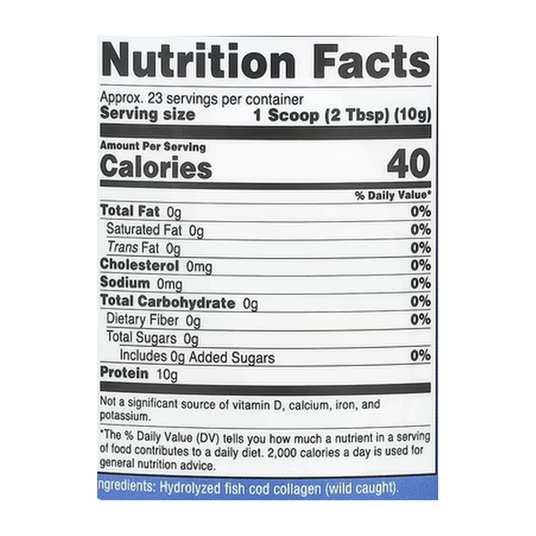 Nutricost, Marine Collagen From Wild-Caught Fish, Unflavored, 8.1 oz, 227 g supplement facts label showing ingredients, vitamins, minerals, and serving information