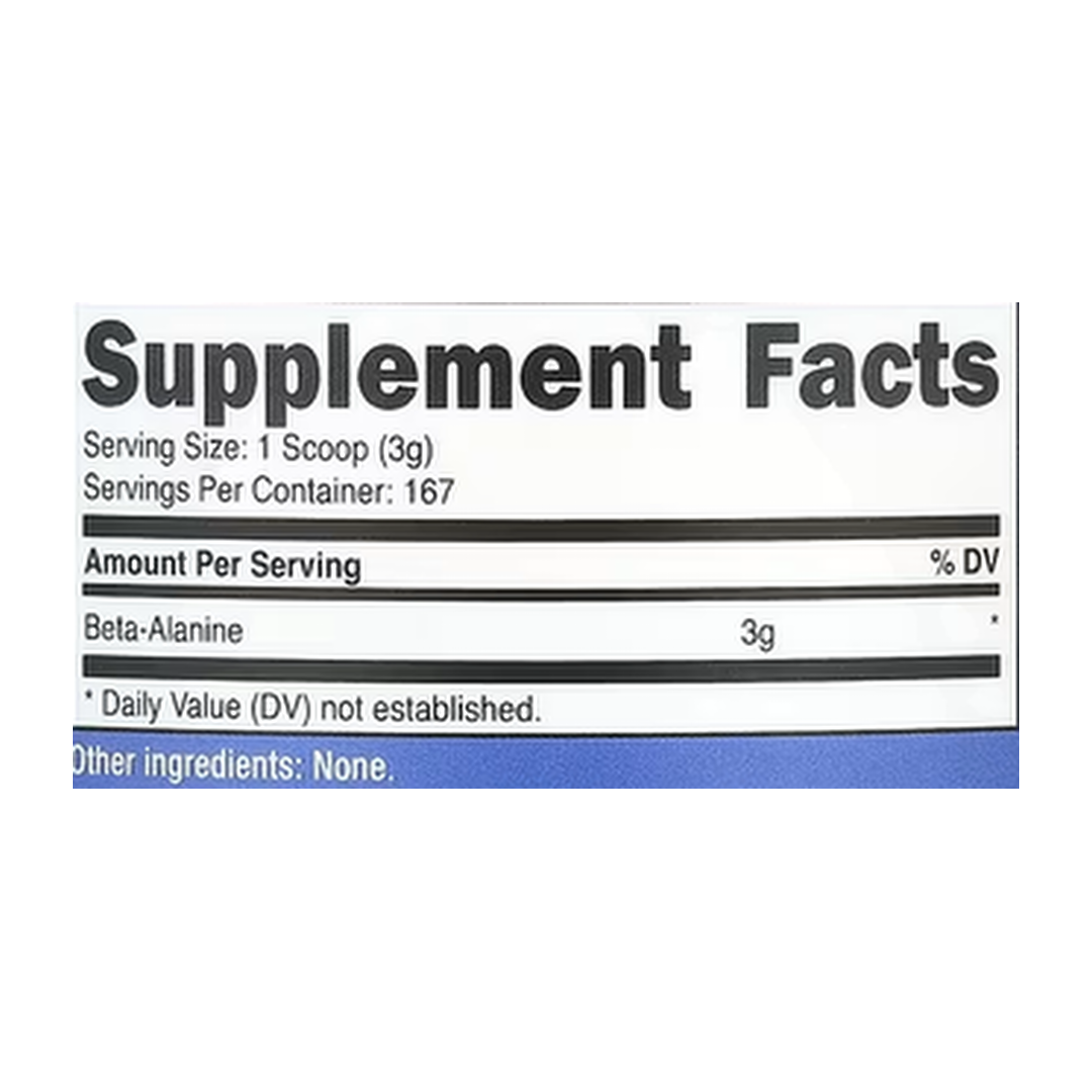 Nutricost, Beta-Alanine, Unflavored, 17.9 oz, 500 g supplement facts label showing ingredients, vitamins, minerals, and serving information