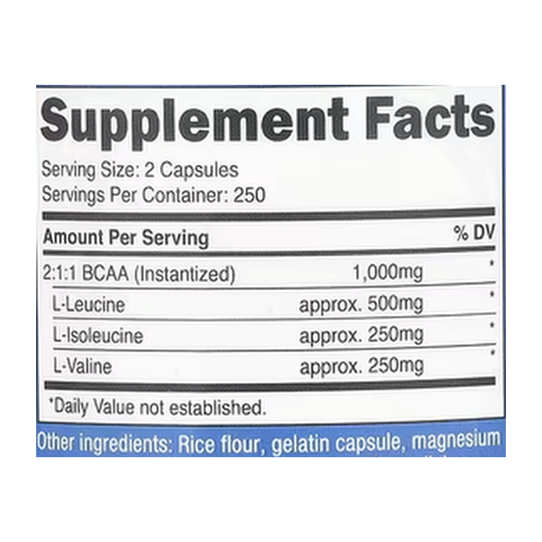 Nutricost, Performance, BCAA, 500 Capsules supplement facts label showing ingredients, vitamins, minerals, and serving information