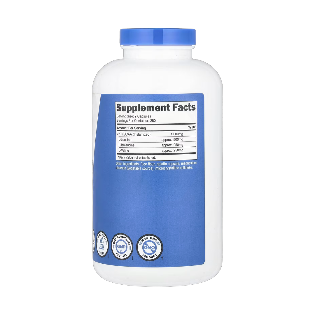 Nutricost, Performance, BCAA, 500 Capsules back packaging view