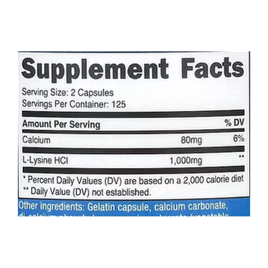 Nutricost, L-Lysine, 250 Capsules supplement facts label showing ingredients, vitamins, minerals, and serving information