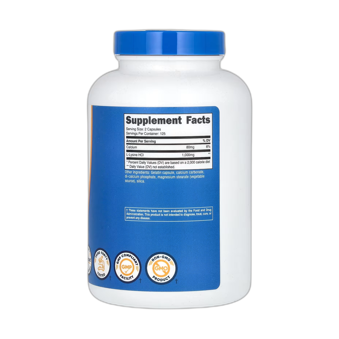 Nutricost, L-Lysine, 250 Capsules back packaging view
